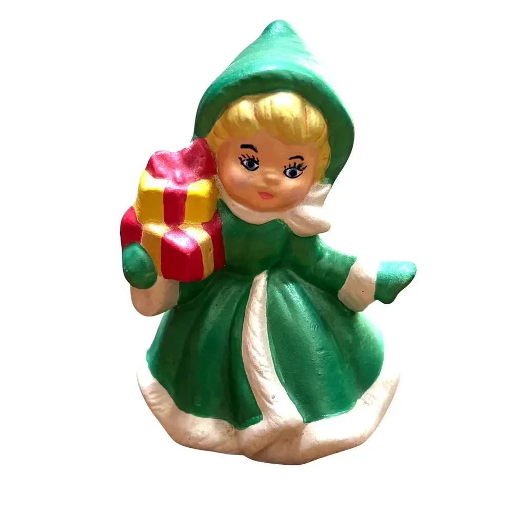 Vintage Christmas Girls Trio of ceramic holiday figures signed red green purple